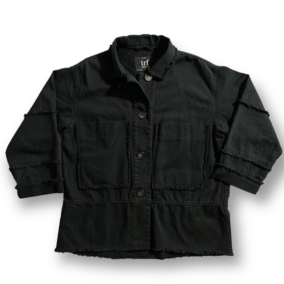 ZARA Black Frayed Raw Edge Oversized Denim Utility Trucker Shacket Jacket Coat M - Picture 5 of 7